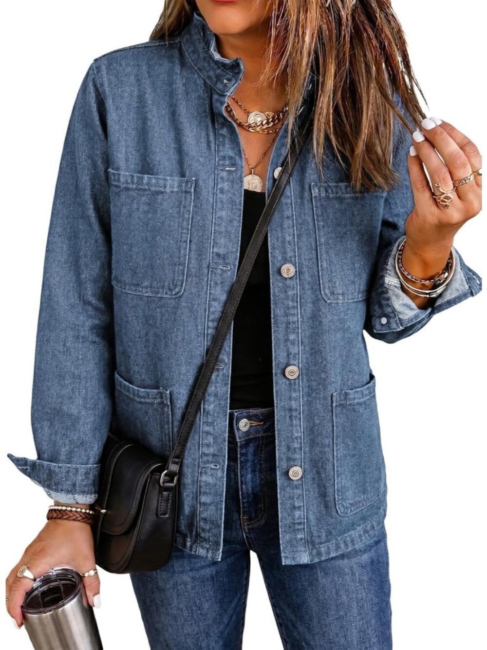 Women's Blue Button Down Ruffle Casual Oversized Cropped Jacket with Pockets